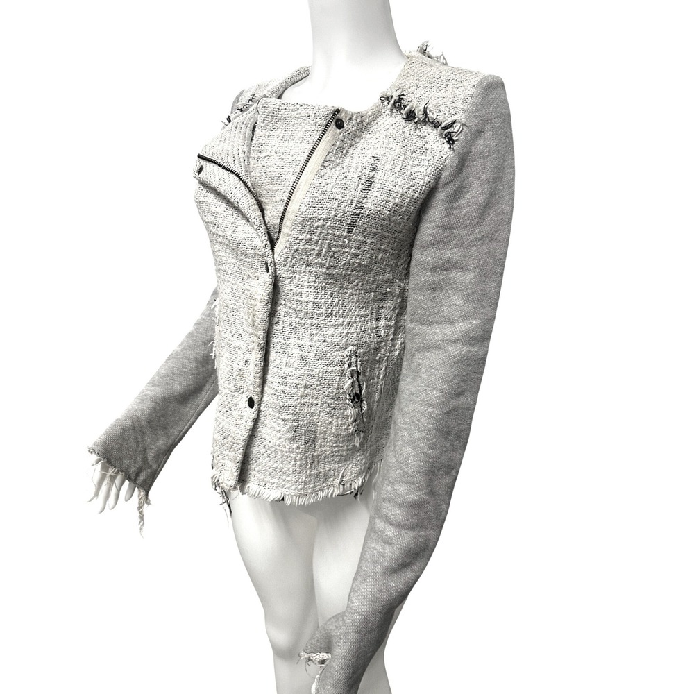 Hinge Womens Two Tone Tweed Moto Jacket Grey Jersey Sleeve White Cream Size M